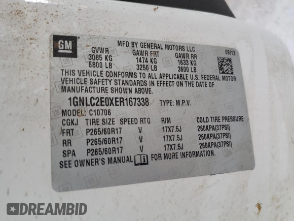 2014 Chevrolet Tahoe Commercial z VIN 1GNLC2E0XER167338, wystawiony jako Copart lot #59529465 z przebiegiem Nie podano mil oraz Czysty tytuł • Clean title. Historia ofert i sprzedaży dostępna na DreamBid. Obrazek 13.