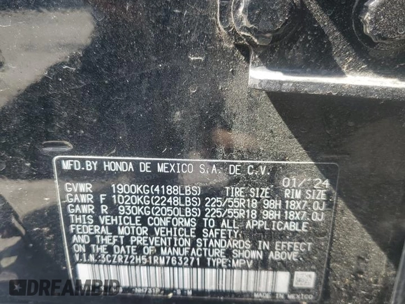 2024 Honda HR-V Sport with VIN 3CZRZ2H51RM763271, listed as a Copart auction lot 50021085 with 7,411 mi miles and Salvage Title. Bid and sale history available at DreamBid. Image 14.