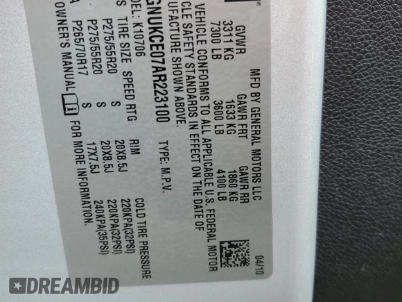 2010 Chevrolet Tahoe LTZ with VIN 1GNUKCE07AR223100, listed as a Copart auction lot 57439685 with 149,383 mi miles and Salvage title. Bid and sale history available at DreamBid. Image 13.