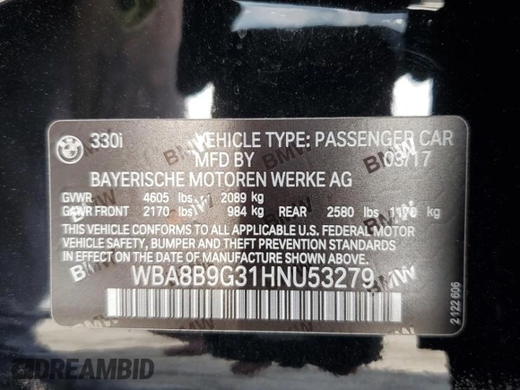2017 BMW 3 Series 330i with VIN WBA8B9G31HNU53279, listed as a Copart auction lot 54943075 with 121,339 mi miles and Salvage Title. Bid and sale history available at carsss.com. Image 13.