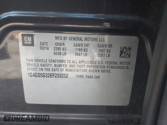 2014 Buick LaCrosse Premium I with VIN 1G4GD5G32EF230252, listed as a IAAI auction lot 42240846 with 112,330 mi miles and . Bid and sale history available at DreamBid. Image 9.