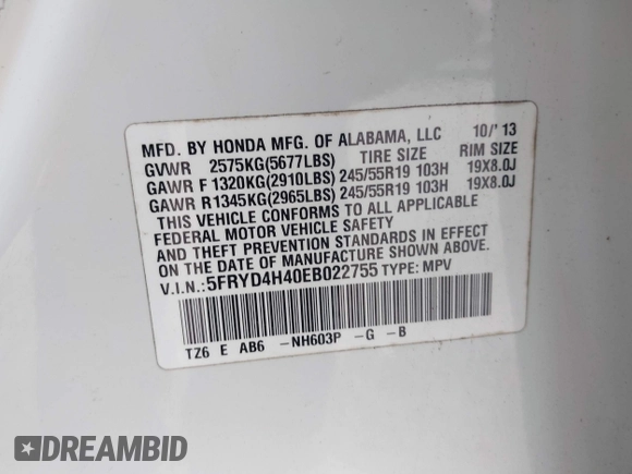 2014 Acura MDX Technology with VIN 5FRYD4H40EB022755, listed as a IAAI auction lot 42114240 with Not provided miles and . Bid and sale history available at DreamBid. Image 8.