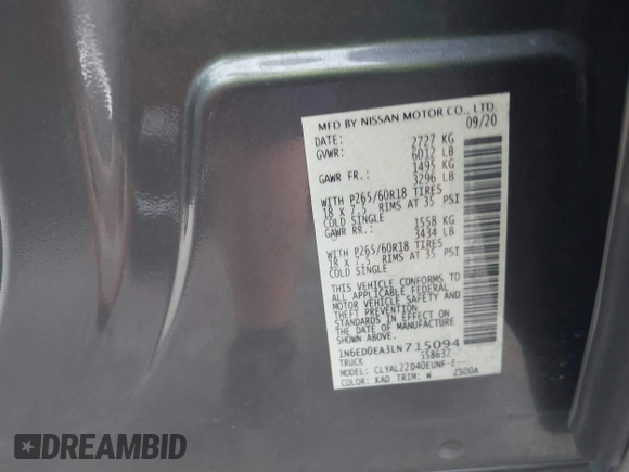 2020 Nissan Frontier SV with VIN 1N6ED0EA3LN715094, listed as a IAAI auction lot 42394885 with 26,576 mi miles and . Bid and sale history available at DreamBid. Image 9.