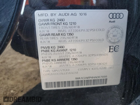2017 Audi Q5 Premium with VIN WA1C2AFP4HA067699, listed as a Copart auction lot 61230925 with 187,040 mi miles and Salvage title. Bid and sale history available at DreamBid. Image 12.