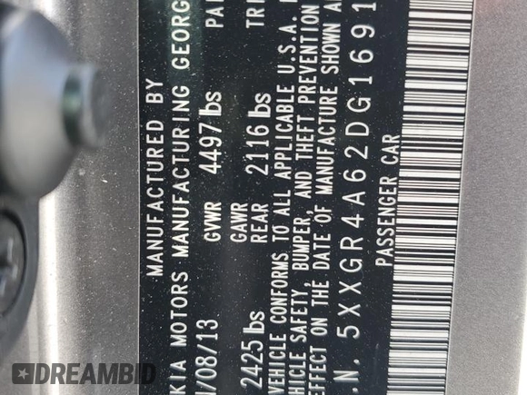 2013 Kia Optima SX with VIN 5XXGR4A62DG169116, listed as a Copart auction lot 55027205 with 161,570 mi miles and Salvage title. Bid and sale history available at DreamBid. Image 12.