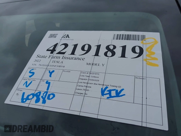 2022 Tesla Model Y Long Range z VIN 7SAYGDEE0NF508958, wystawiony jako IAAI lot #42191819 z przebiegiem 60 880 mil mil oraz . Historia ofert i sprzedaży dostępna na DreamBid. Obrazek 19.