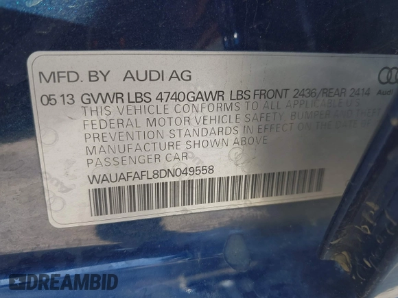 2013 Audi A4 Premium with VIN WAUAFAFL8DN049558, listed as a IAAI auction lot 41958979 with 136,543 mi miles. Bid and sale history available at carsss.com. Image 9.
