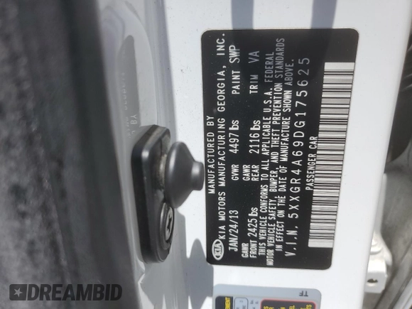2013 Kia Optima SX с VIN 5XXGR4A69DG175625, выставлен на аукционе Copart как лот 60569165 с пробегом 125 827 миль миль и Списание • Salvage title. История ставок и продаж доступна на DreamBid. Изображение 13.