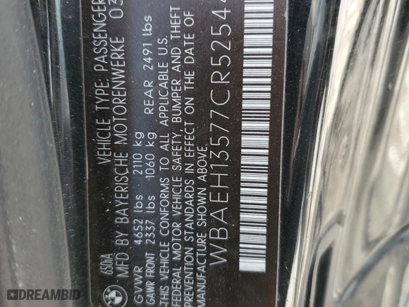 2007 BMW 6 Series 650i with VIN WBAEH13577CR52544, listed as a Copart auction lot 41953005 with 162,867 mi miles and Salvage Title. Bid and sale history available at carsss.com. Image 12.