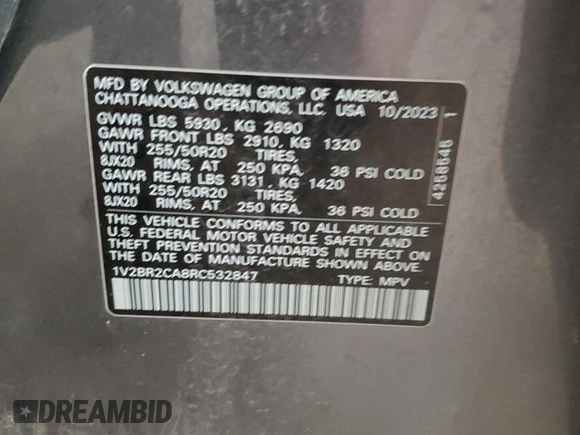 2024 Volkswagen Atlas SEL with VIN 1V2BR2CA8RC532847, listed as a Copart auction lot 52149275 with 26,590 mi miles and Salvage title. Bid and sale history available at DreamBid. Image 14.