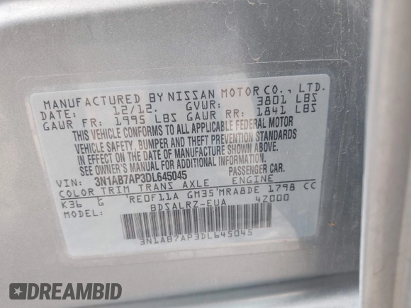 2013 Nissan Sentra SR with VIN 3N1AB7AP3DL645045, listed as a IAAI auction lot 41909539 with 155,220 mi miles and . Bid and sale history available at DreamBid. Image 9.