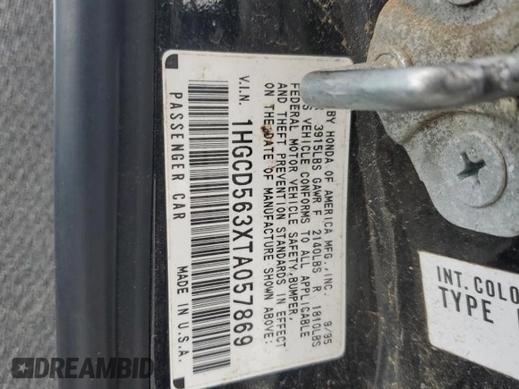 1996 Honda Accord LX with VIN 1HGCD563XTA057869, listed as a Copart auction lot 46426565 with 211,969 mi miles and Salvage Title. Bid and sale history available at DreamBid. Image 12.