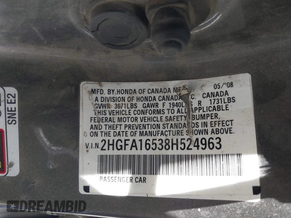 2008 Honda Civic LX z VIN 2HGFA16538H524963, wystawiony jako IAAI lot #42497277 z przebiegiem 441 700 mil mil oraz . Historia ofert i sprzedaży dostępna na DreamBid. Obrazek 9.