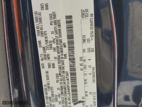 2015 Lincoln MKC with VIN 5LMCJ2A90FUJ47397, listed as a Copart auction lot 89079775 with 107,340 mi miles and Salvage Title. Bid and sale history available at carsss.com. Image 15.