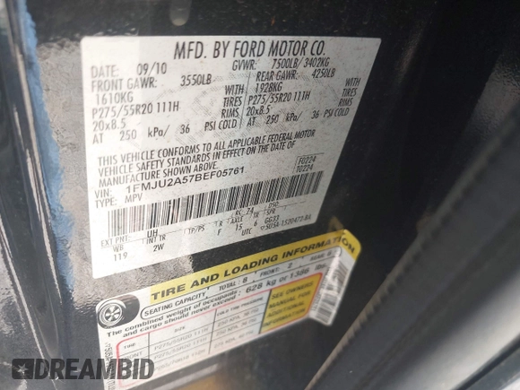 2011 Ford Expedition Limited with VIN 1FMJU2A57BEF05761, listed as a IAAI auction lot 42461128 with 193,356 mi miles and . Bid and sale history available at DreamBid. Image 9.