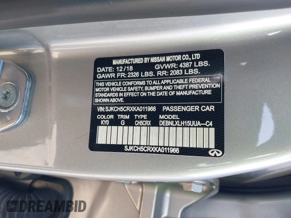 2019 Infiniti QX30 Luxe with VIN SJKCH5CRXKA011966, listed as a IAAI auction lot 40800082 with 56,138 mi miles and . Bid and sale history available at DreamBid. Image 9.