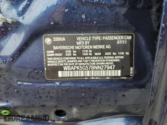 2011 BMW 3 Series 328i xDrive z VIN WBAPK5G57BNN27947, wystawiony jako Copart lot #60919184 z przebiegiem Nie podano mil oraz Szkody całkowita. Historia ofert i sprzedaży dostępna na DreamBid. Obrazek 14.