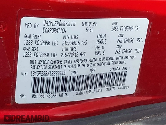 2001 Dodge Caravan SE with VIN 1B4GP25BX1B239669, listed as a IAAI auction lot 41636085 with 205,354 mi miles and . Bid and sale history available at DreamBid. Image 9.