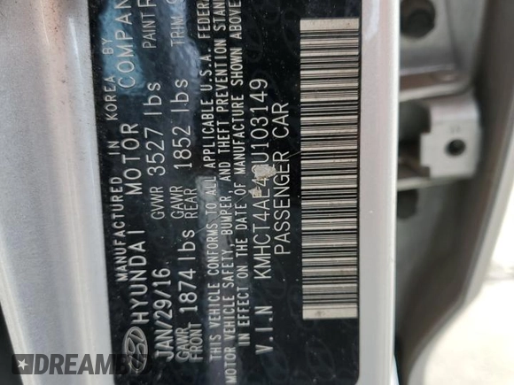2016 Hyundai Accent SE with VIN KMHCT4AE4GU103149, listed as a Copart auction lot 70972943 with 142,092 mi miles and . Bid and sale history available at DreamBid. Image 12.