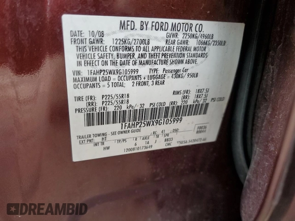 2009 Ford Taurus Limited with VIN 1FAHP25WX9G105999, listed as a Copart auction lot 86915574 with 201,155 mi miles and Salvage Title. Bid and sale history available at carsss.com. Image 12.