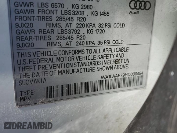 2017 Audi Q7 Premium Plus with VIN WA1LAAF79HD000484, listed as a Copart auction lot 46646565 with 108,265 mi miles and Salvage Title. Bid and sale history available at carsss.com. Image 13.