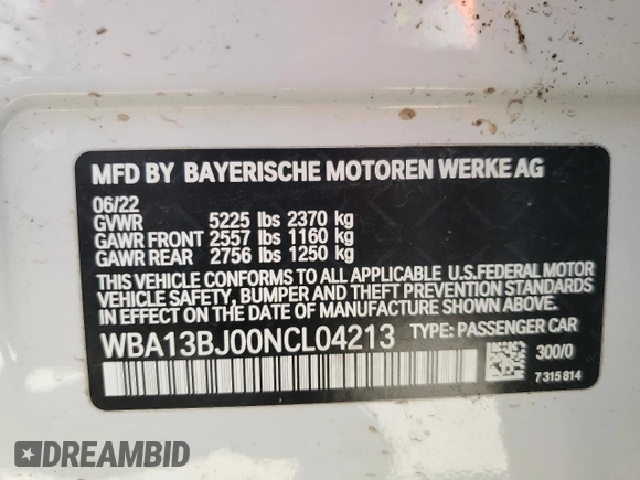 2022 BMW 5 Series 530i xDrive with VIN WBA13BJ00NCL04213, listed as a Copart auction lot 48920615 with 23,910 mi miles and Salvage Title. Bid and sale history available at carsss.com. Image 12.