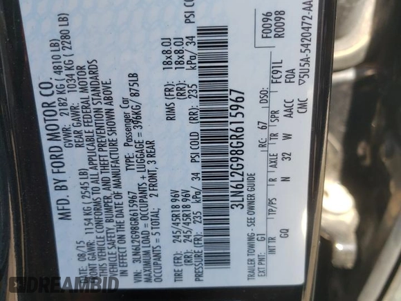 2016 Lincoln MKZ с VIN 3LN6L2G98GR615967, выставлен на аукционе Copart как лот 73792814 с пробегом 86 598 миль миль и Списание • Salvage title. История ставок и продаж доступна на DreamBid. Изображение 12.