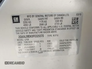 2015 GMC Terrain SLE with VIN 2GKALMEK8F6329370, listed as a IAAI auction lot 42520128 with 45,982 mi miles and . Bid and sale history available at DreamBid. Image 9.