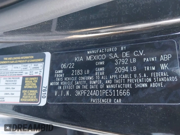 2023 Kia Forte LXS with VIN 3KPF24AD1PE511666, listed as a IAAI auction lot 41832551 with 112,005 mi miles and . Bid and sale history available at DreamBid. Image 9.
