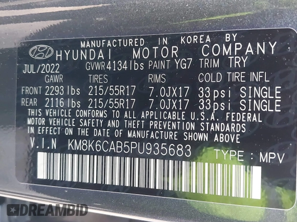 2023 Hyundai Kona SEL with VIN KM8K6CAB5PU935683, listed as a IAAI auction lot 41680852 with 59,057 mi miles and . Bid and sale history available at DreamBid. Image 9.