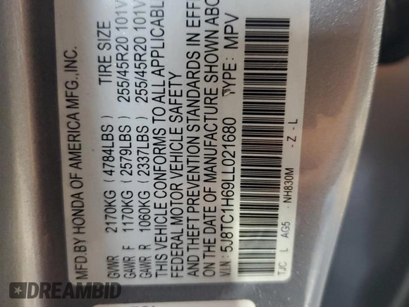 2020 Acura RDX w/A-Spec Pkg with VIN 5J8TC1H69LL021680, listed as a Copart auction lot 80553624 with 56,723 mi miles and Salvage Title. Bid and sale history available at carsss.com. Image 13.