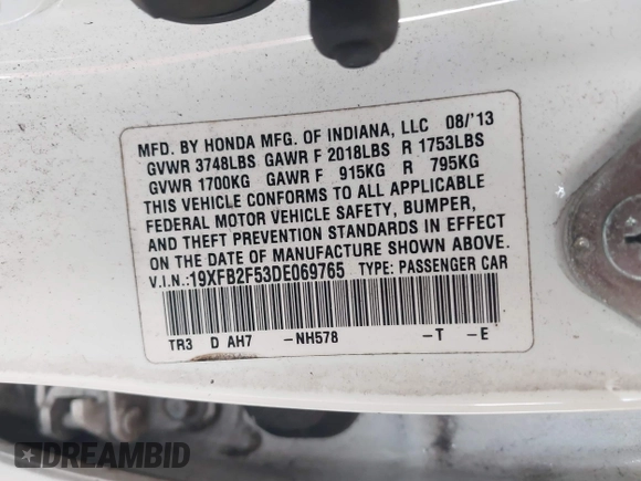 2013 Honda Civic LX with VIN 19XFB2F53DE069765, listed as a IAAI auction lot 42454798 with 198,773 mi miles and . Bid and sale history available at DreamBid. Image 9.