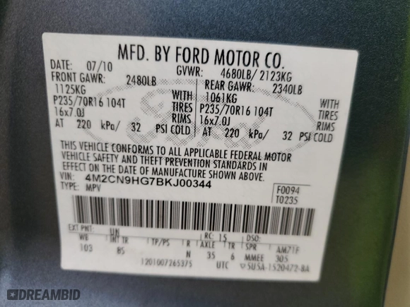 2011 Mercury Mariner Premier with VIN 4M2CN9HG7BKJ00344, listed as a Copart auction lot 47822215 with 107,070 mi miles and Salvage Title. Bid and sale history available at carsss.com. Image 14.
