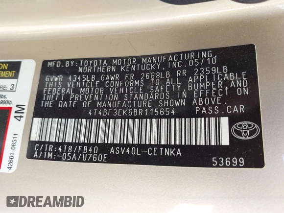 2011 Toyota Camry LE with VIN 4T4BF3EK6BR115654, listed as a IAAI auction lot 41797274 with 110,258 mi miles. Bid and sale history available at carsss.com. Image 9.