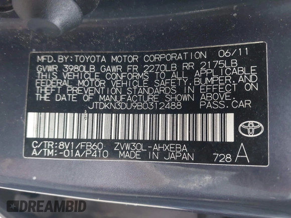 2011 Toyota Prius I with VIN JTDKN3DU9B0312488, listed as a IAAI auction lot 41928385 with 278,971 mi miles. Bid and sale history available at carsss.com. Image 9.