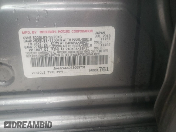 2014 Mitsubishi Outlander GT with VIN JA4JZ4AX2EZ009731, listed as a Copart auction lot 38760334 with 167,645 mi miles and Salvage title. Bid and sale history available at DreamBid. Image 13.