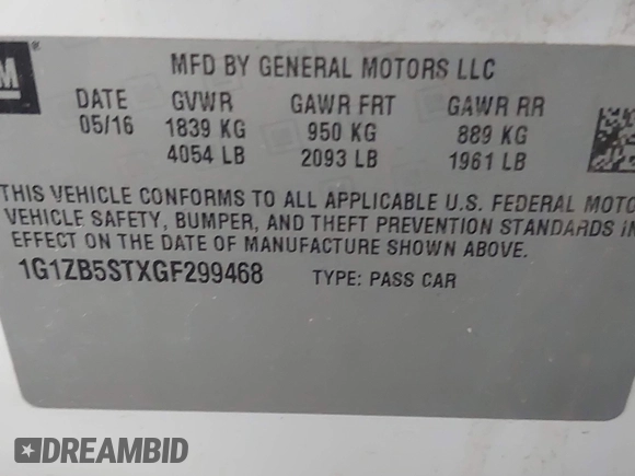 2016 Chevrolet Malibu LS with VIN 1G1ZB5STXGF299468, listed as a IAAI auction lot 42595372 with 136,690 mi miles and . Bid and sale history available at DreamBid. Image 9.