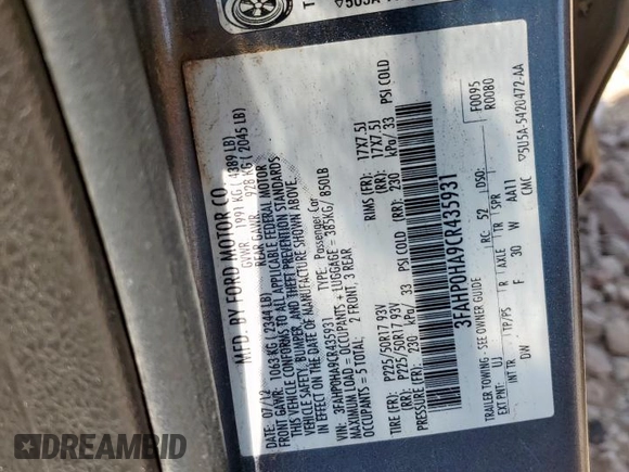 2012 Ford Fusion SE with VIN 3FAHP0HA9CR435931, listed as a Copart auction lot 61633525 with 169,561 mi miles and Salvage title. Bid and sale history available at DreamBid. Image 13.