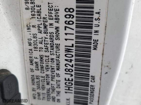 1998 Honda Civic EX with VIN 1HGEJ8240WL117698, listed as a Copart auction lot 43594935 with 295,815 mi miles and Salvage Title. Bid and sale history available at carsss.com. Image 14.