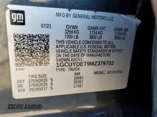 2021 Chevrolet Silverado 1500 LT with VIN 1GCUYDET9MZ379702, listed as a Copart auction lot 84435314 with 50,843 mi miles and Salvage Title. Bid and sale history available at carsss.com. Image 12.