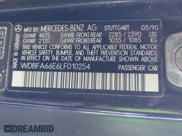 1990 Mercedes-Benz 500 z VIN WDBFA66E6LF010254, wystawiony jako IAAI lot #41942109 z przebiegiem 100 274 mil mil oraz . Historia ofert i sprzedaży dostępna na DreamBid. Obrazek 9.