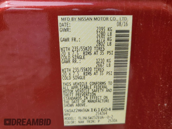 2016 Nissan Murano Platinum z VIN 5N1AZ2MH3GN161604, wystawiony jako Copart lot #58447825 z przebiegiem 66 472 mil mil oraz Szkoda całkowita • Salvage title. Historia ofert i sprzedaży dostępna na DreamBid. Obrazek 12.