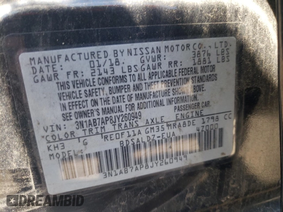 2018 Nissan Sentra SV с VIN 3N1AB7AP8JY260949, выставлен на аукционе Copart как лот 59178295 с пробегом 69 647 миль миль и Списание • Salvage title. История ставок и продаж доступна на DreamBid. Изображение 12.
