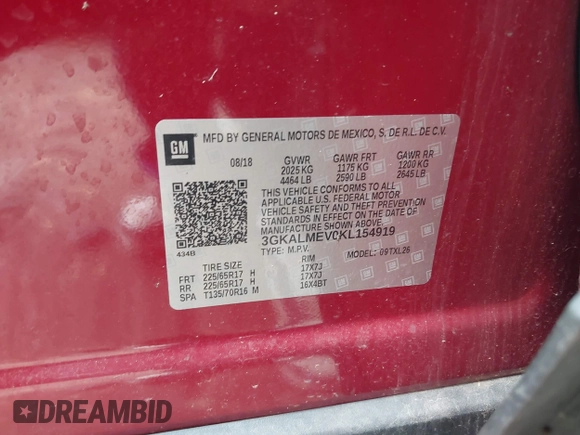 2019 GMC Terrain SLE with VIN 3GKALMEV0KL154919, listed as a IAAI auction lot 42156274 with 45,209 mi miles and . Bid and sale history available at DreamBid. Image 9.