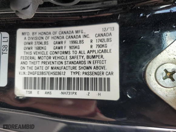 2014 Honda Civic Coupe LX with VIN 2HGFG3B57EH503612, listed as a Copart auction lot 50050705 with 109,772 mi miles and Salvage Title. Bid and sale history available at carsss.com. Image 13.