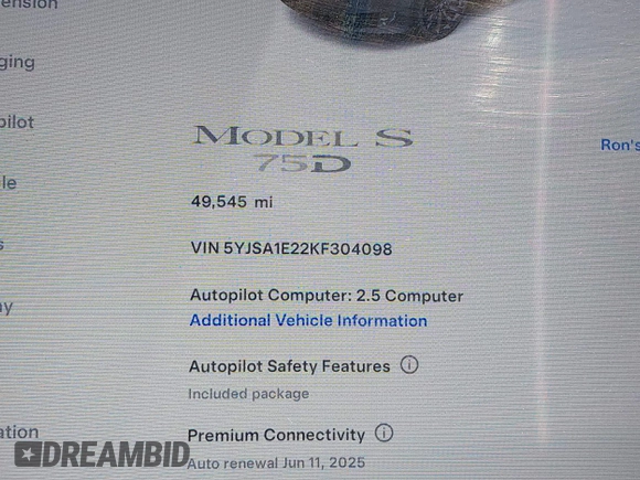 2019 Tesla Model S 75D с VIN 5YJSA1E22KF304098, выставлен на аукционе IAAI как лот 42293794 с пробегом 49 545 миль миль и . История ставок и продаж доступна на DreamBid. Изображение 15.