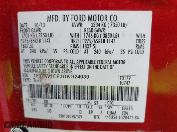 2013 Ford F-150 XL with VIN 1FTFW1EF3DKG24039, listed as a IAAI auction lot 42118841 with 142,370 mi miles and . Bid and sale history available at carsss.com. Image 9.