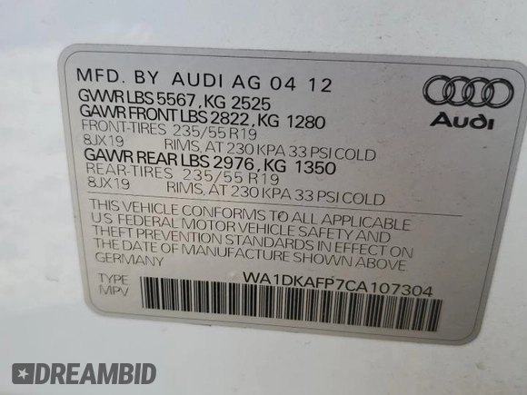 2012 Audi Q5 3.2L Premium Plus with VIN WA1DKAFP7CA107304, listed as a Copart auction lot 53163575 with 138,315 mi miles and Salvage Title. Bid and sale history available at carsss.com. Image 13.