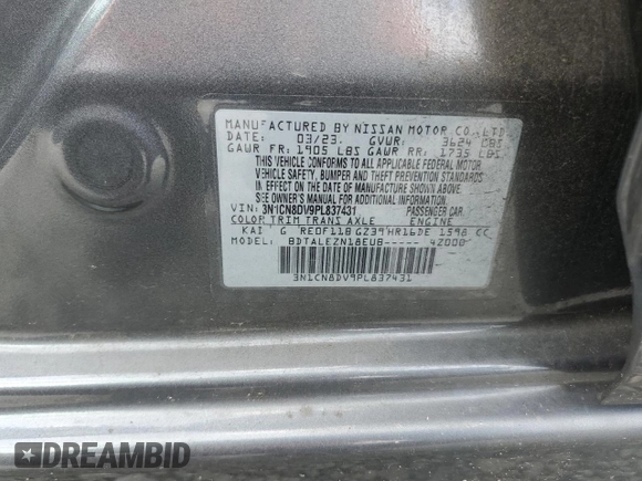 2023 Nissan Versa S z VIN 3N1CN8DV9PL837431, wystawiony jako Copart lot #56859715 z przebiegiem 19 303 mil mil oraz Szkoda całkowita • Salvage title. Historia ofert i sprzedaży dostępna na DreamBid. Obrazek 13.