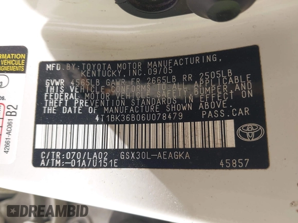 2006 Toyota Avalon XL with VIN 4T1BK36B06U078479, listed as a IAAI auction lot 41940266 with 168,852 mi miles. Bid and sale history available at carsss.com. Image 9.